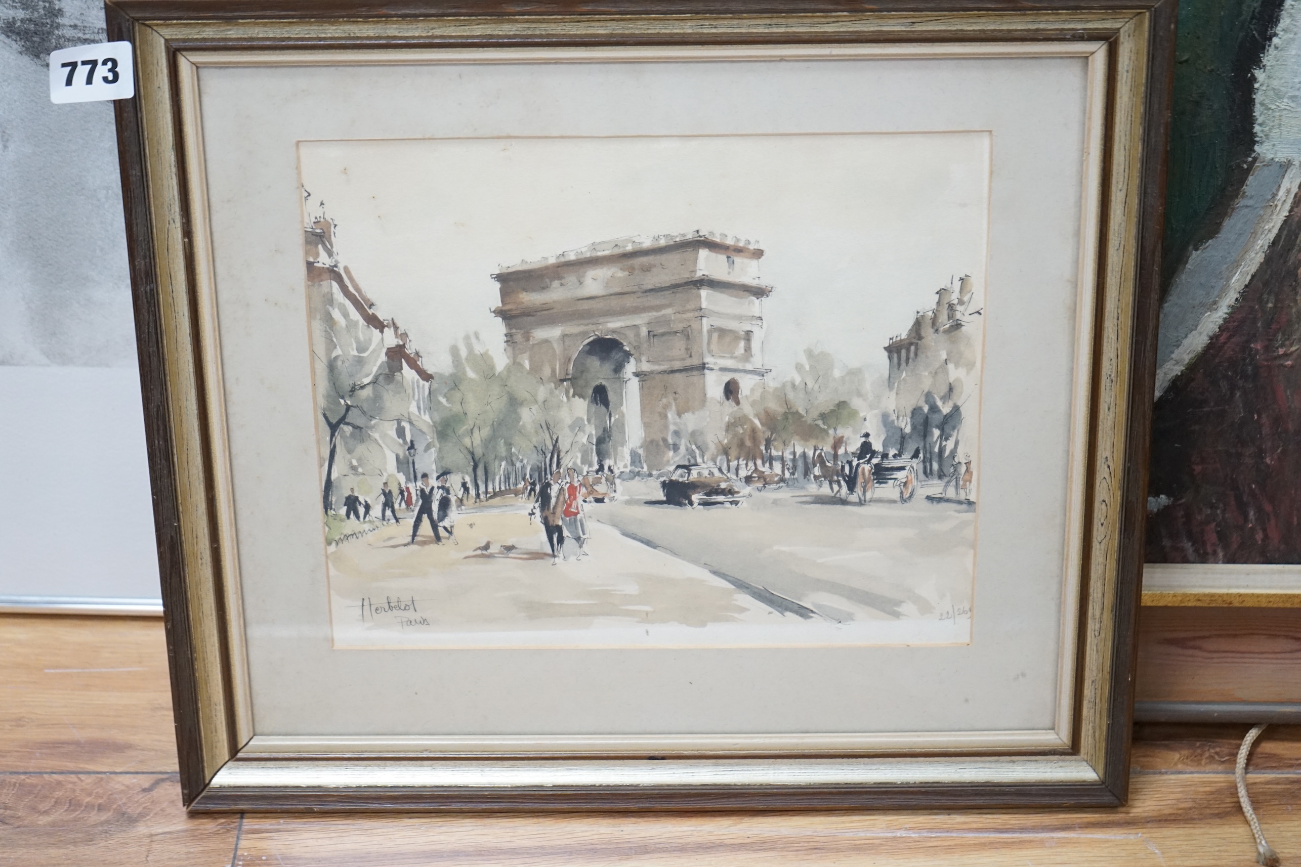 Franz Herbelot, (French, 20th. C), colour lithograph, Parisian street scene, L'Arc de Triomphe, limited edition 22/269, 22 x 26cm. Condition - fair